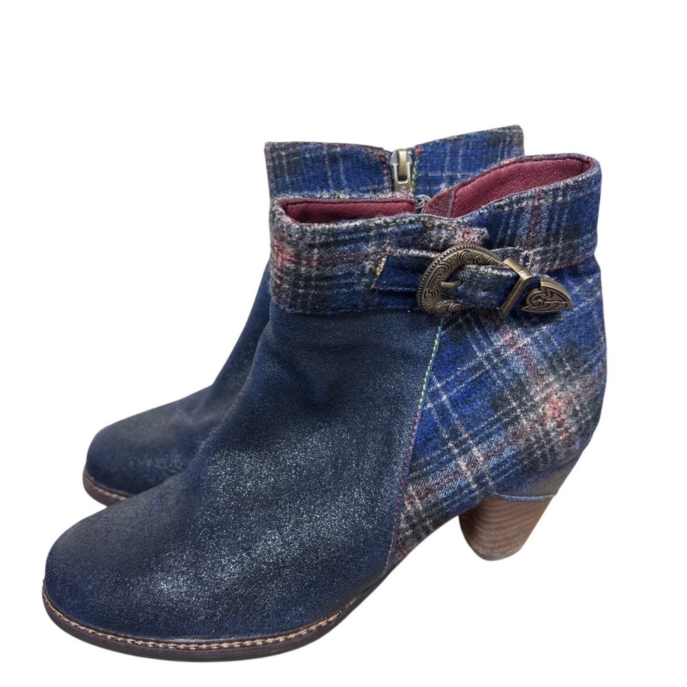 L'Artiste Scottala Booties Women 38 US 7 Blue Plaid Leather Buckle Boots